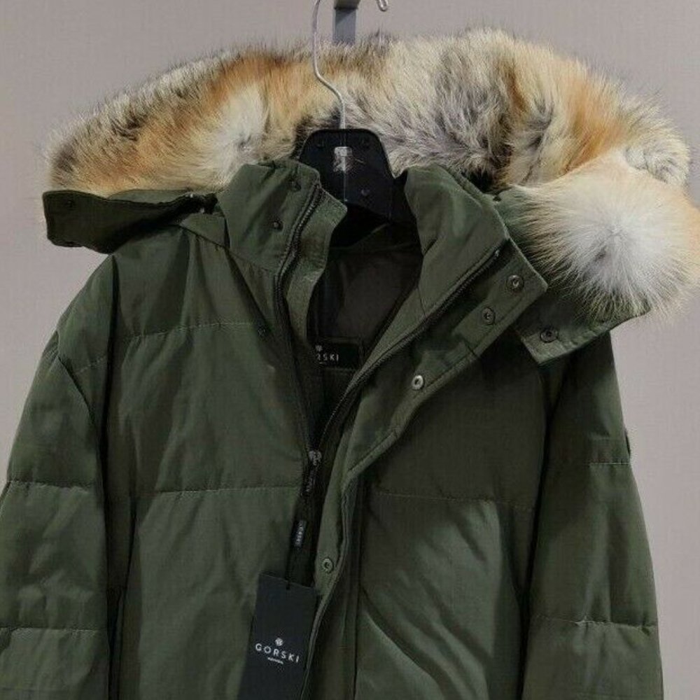 Gorski Mens Fox Fur Trim Goose Down Apres Ski Parka Military Green New with Tags
